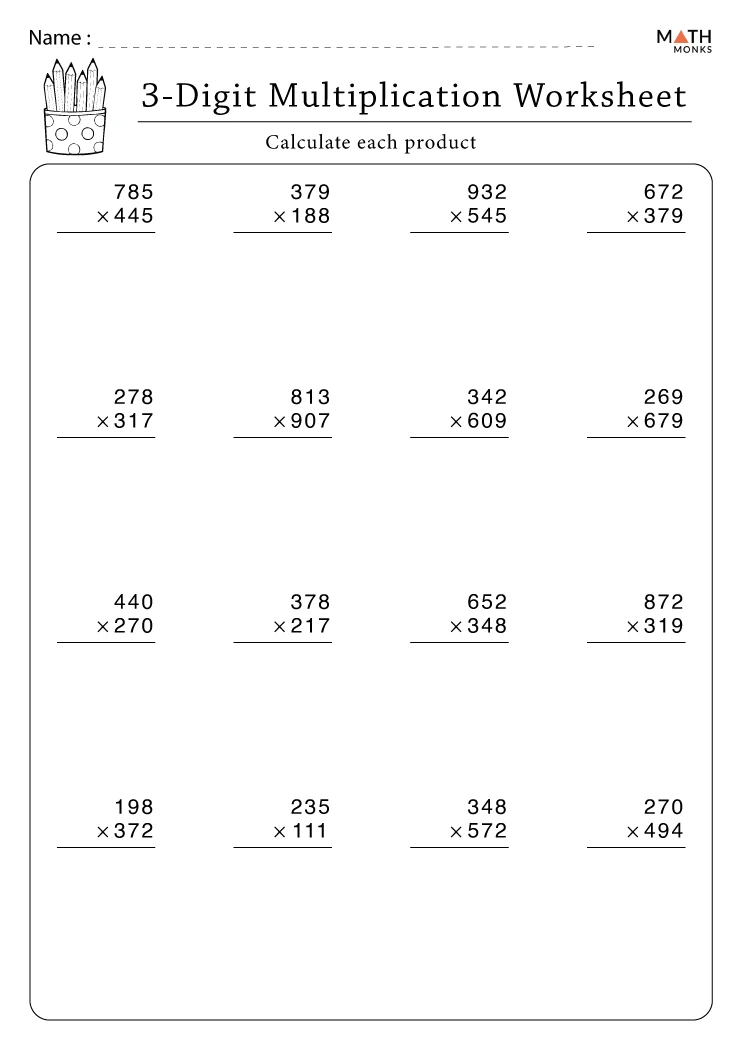 triple digit multiplication worksheet pdf