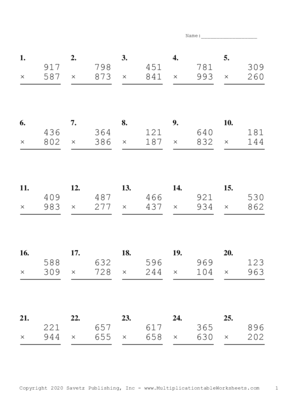 Triple Digits Multiplication Worksheet A