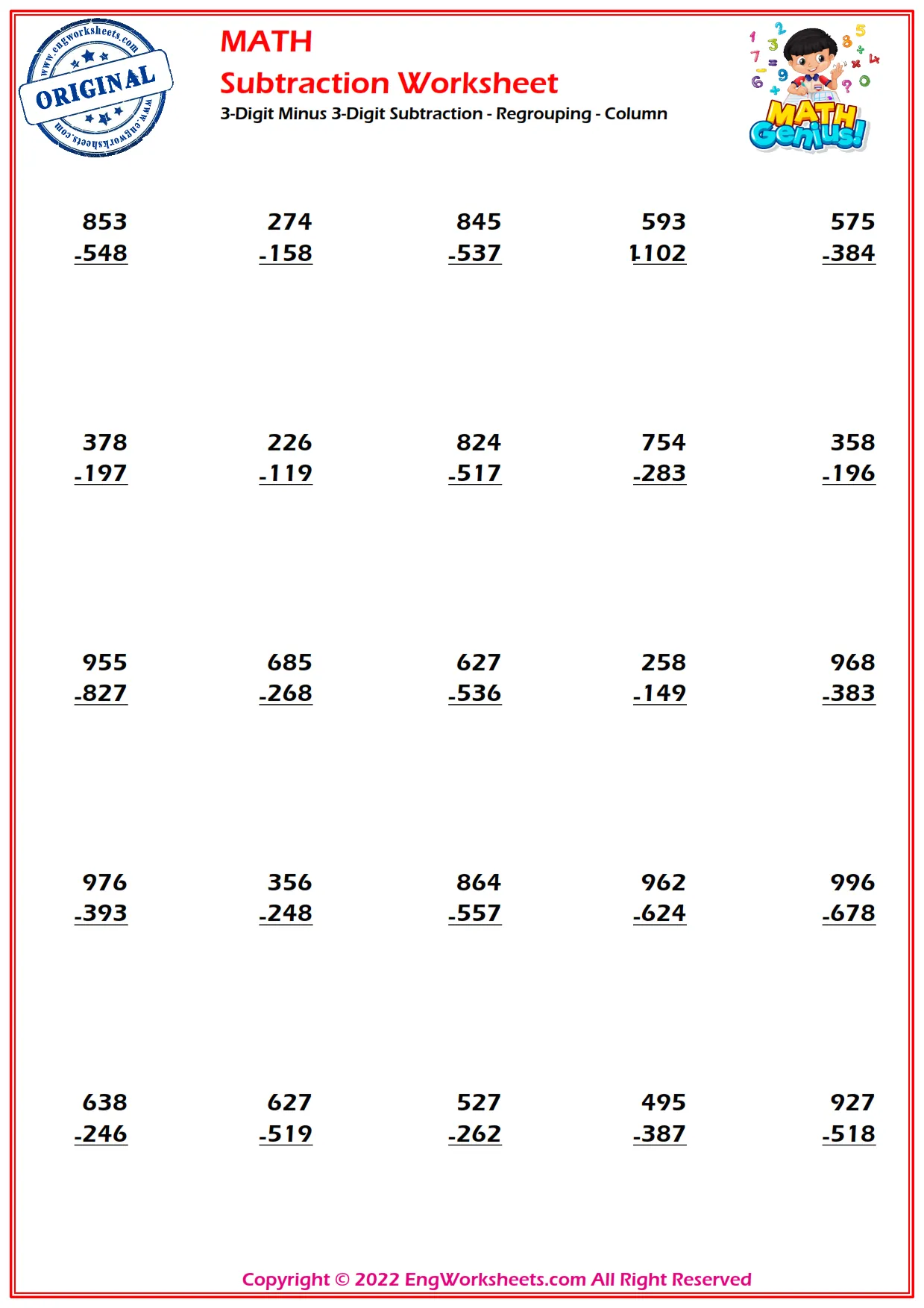 triple digit subtraction with regrouping worksheet