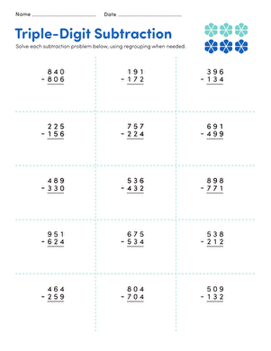 triple digit subtraction worksheet with regrouping