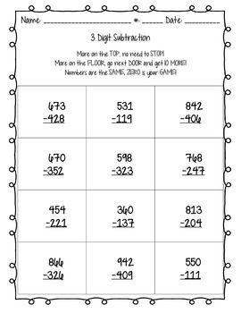 3 Digit Subtraction Worksheets