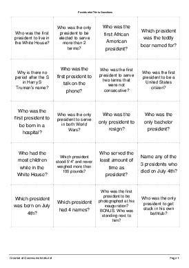 Presidential Trivia Questions - Small Cards - Quickworksheets