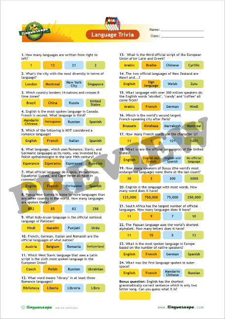 Language Trivia (downloadable worksheet) - Linguascope