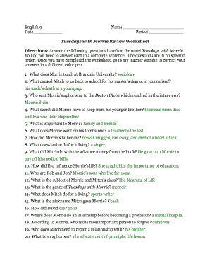 tuesdays with morrie worksheet