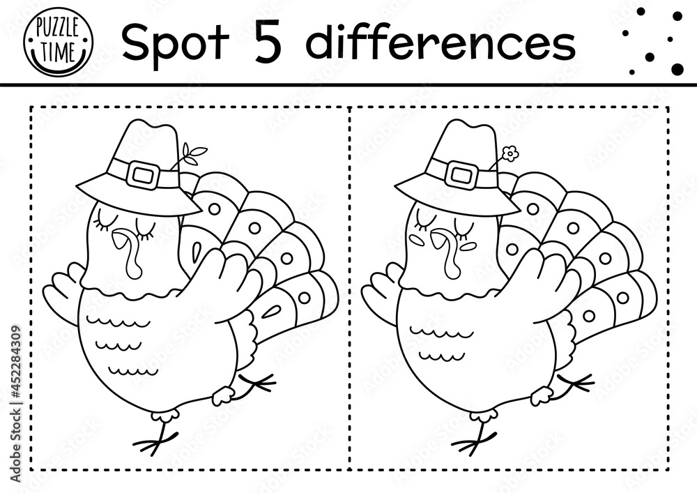 Find differences game for children. Thanksgiving black and white ...