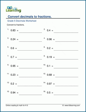 turning decimals into fractions worksheet