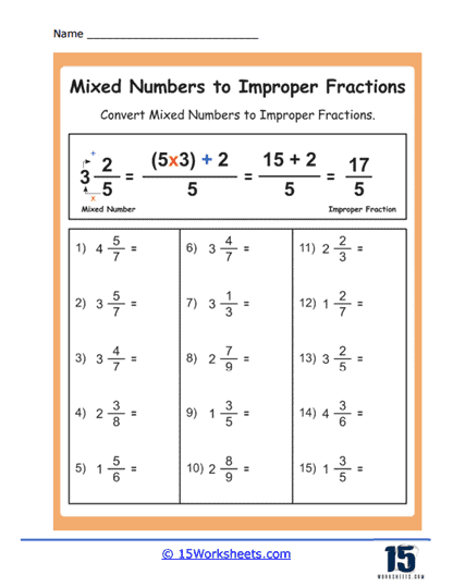 turning mixed numbers into improper fractions worksheet