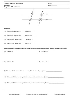 Worksheet: Properties of Parallel Lines - Corresponding, Alternate ...