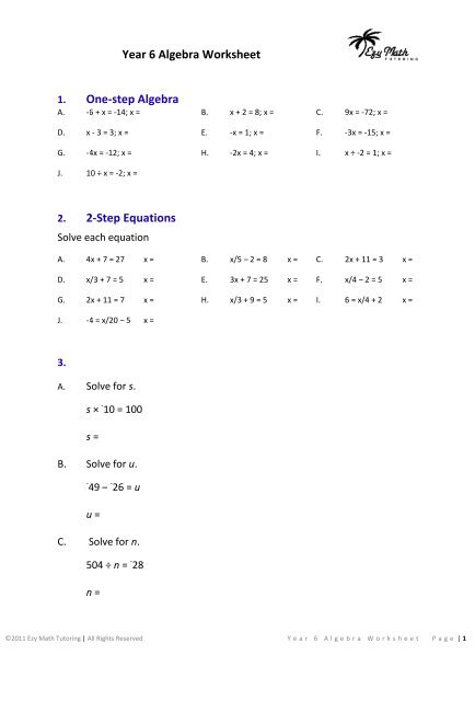 Year 6 Algebra Worksheet One-step Algebra 2 ... - Maths Tutoring