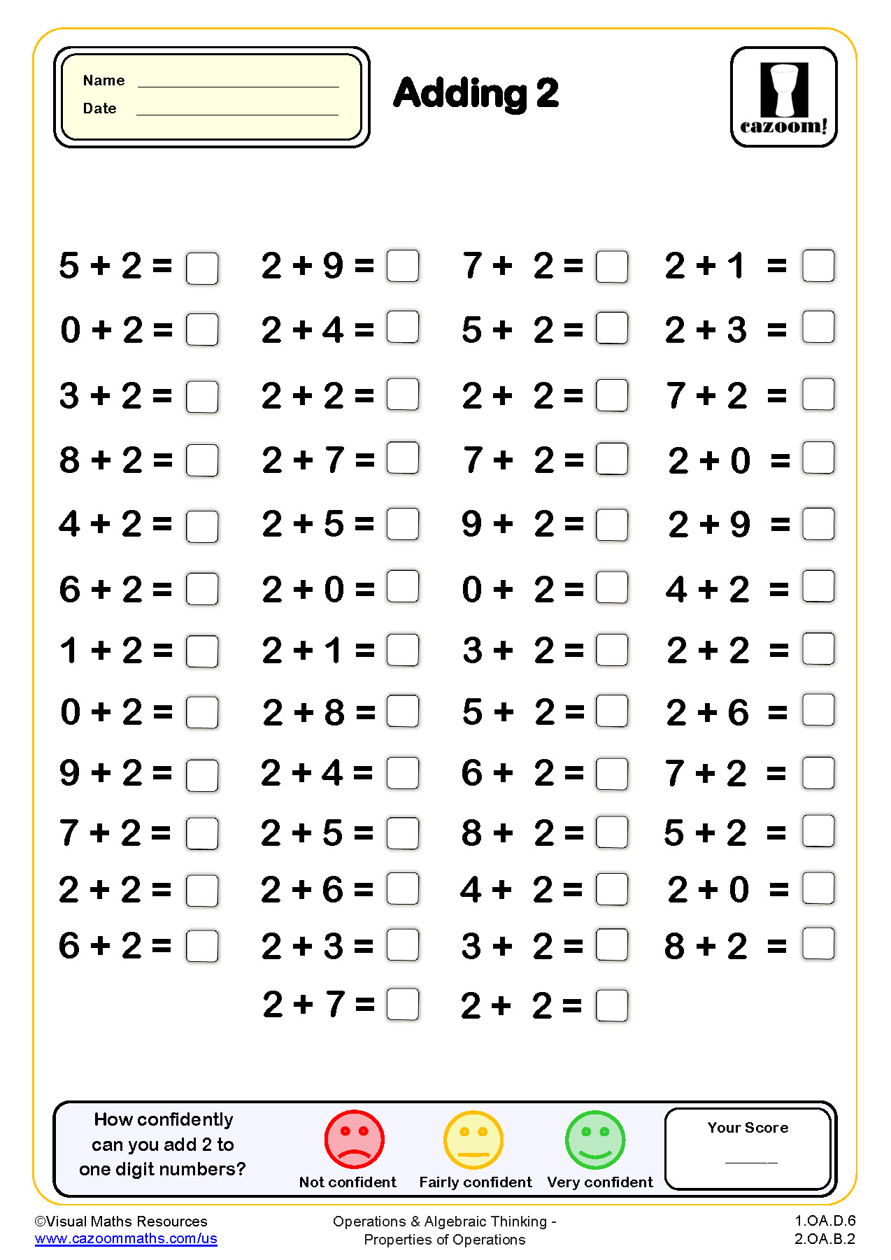Adding 2 Drills Worksheet (50 questions) | Grade 1 PDF Addition ...