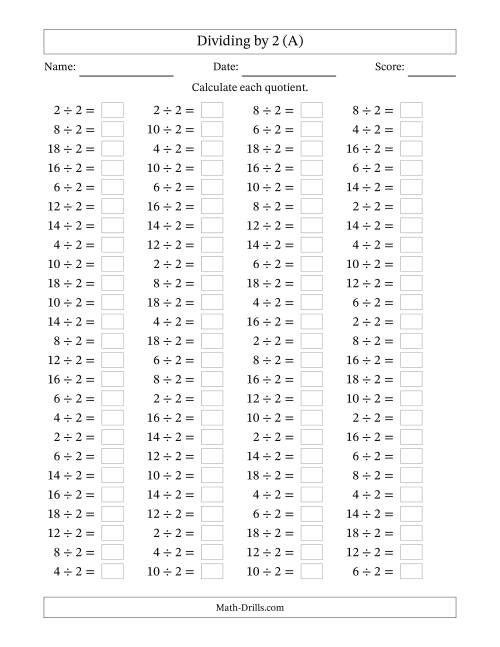 Horizontally Arranged Dividing by 2 with Quotients 1 to 9 (100 ...