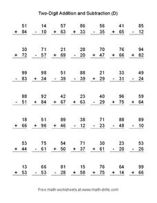 Two Digit Addition and Subtraction (D) Worksheet for 1st - 2nd ...