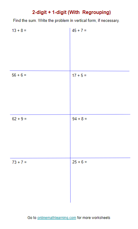 2-digit plus 1-digit Addition Worksheets (First Grade, Second ...