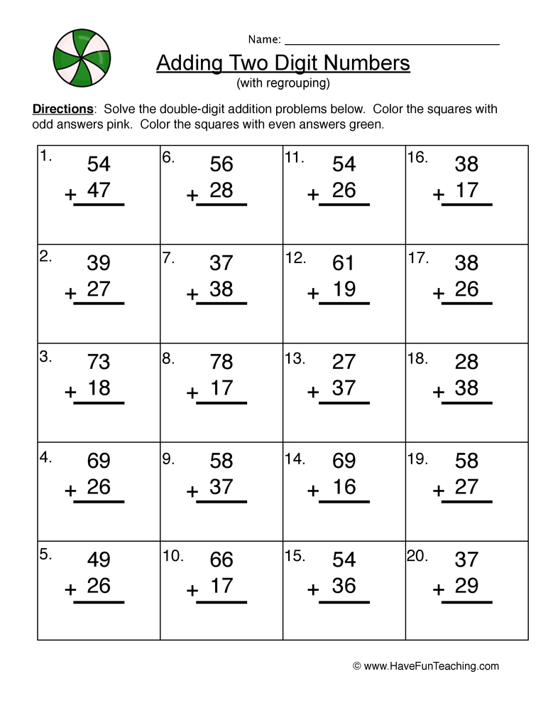 Double Digit Addition Regroup Worksheet  