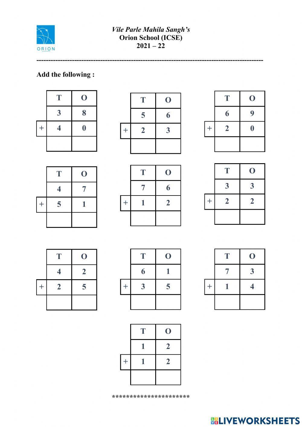 Addition of 2 digit numbers without regrouping worksheet | Live ...