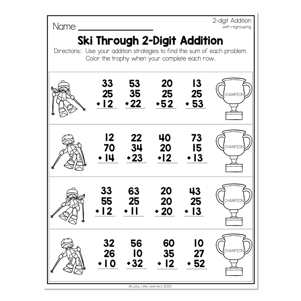2nd Grade Math Worksheets - 2-Digit Addition With Regrouping - Ski ...