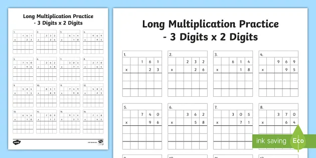 Long Multiplication Worksheet - 3 Digits x 2 Digits - Twinkl