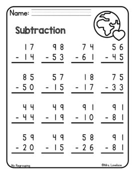 Spring Double Digit Subtraction Worksheets with and without Regrouping