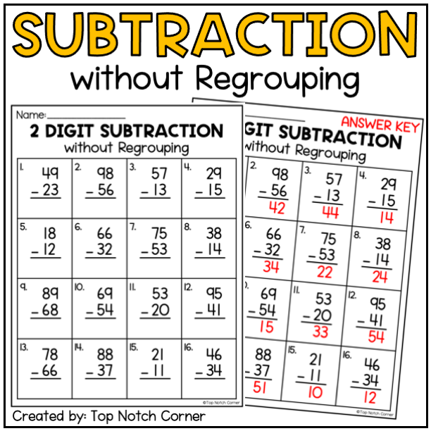 2 Two Digit Subtraction without Regrouping Worksheets Made By