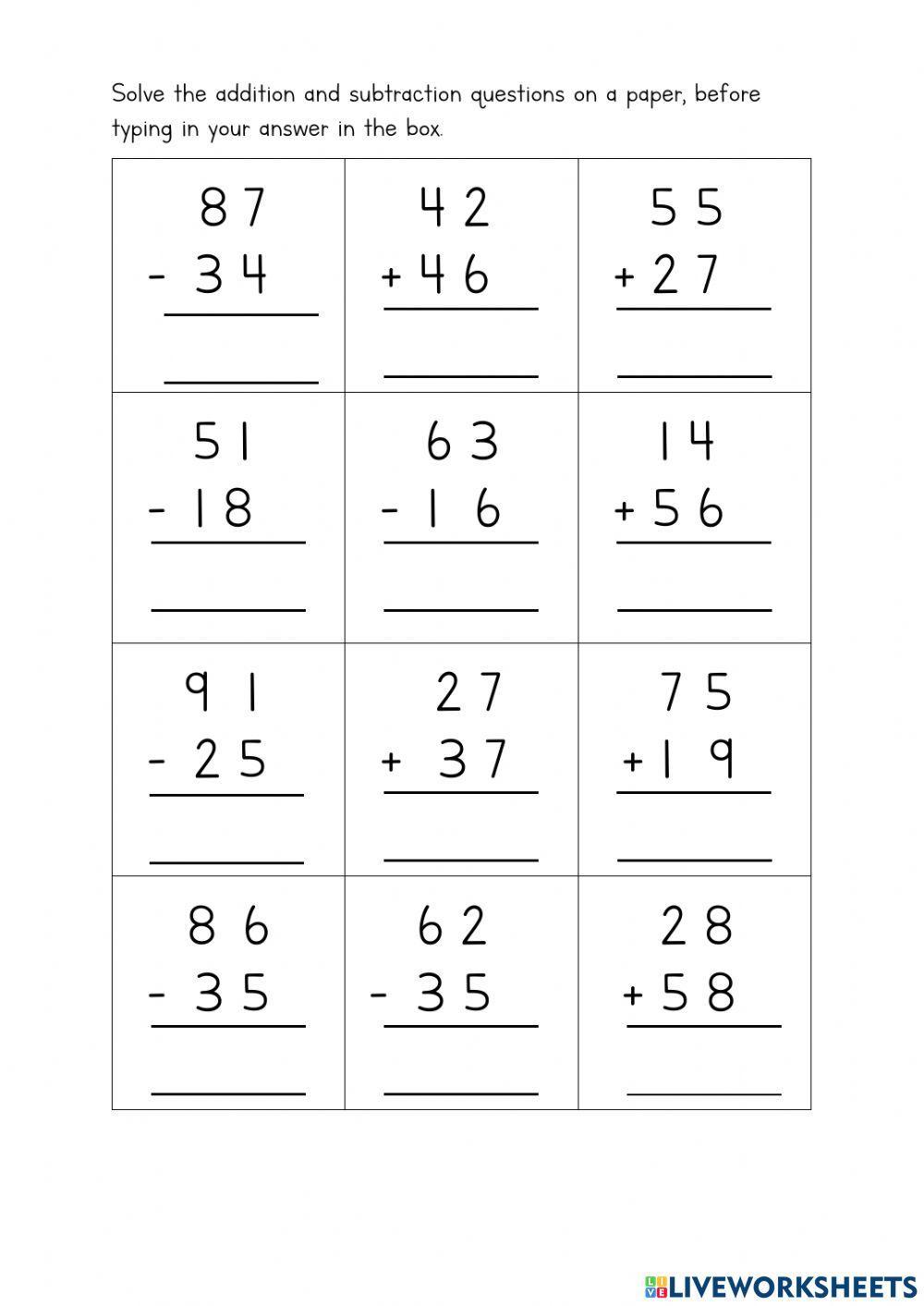 two digits addition and subtraction worksheet