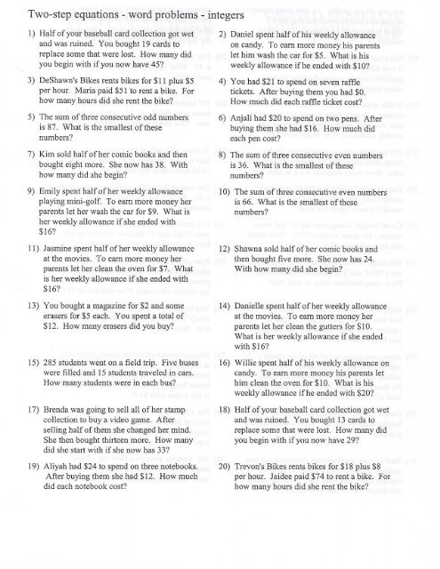 Two-step equations - word problems - integers