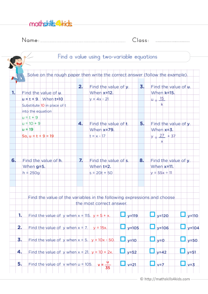 Solving two-variable equations worksheets for 6th Graders