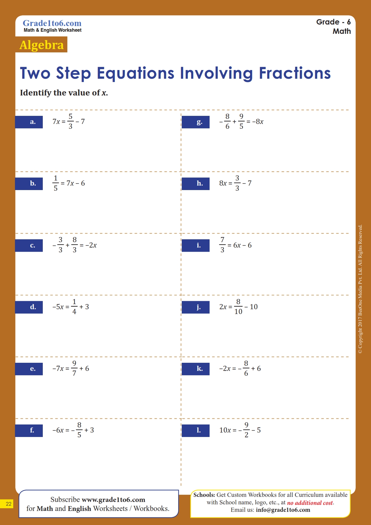 Two-Step Equations: Fractions Worksheets | Grade1to6.com