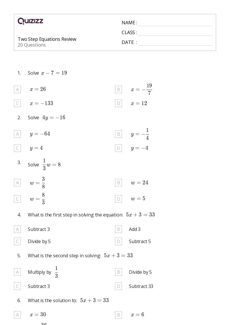 50+ Two-Step Equations worksheets for 7th Grade on Quizizz | Free ...