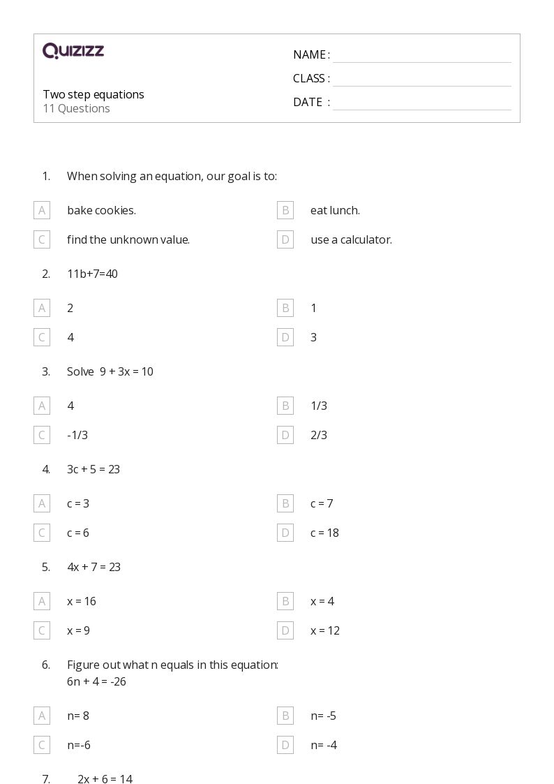 two step equations worksheet answers