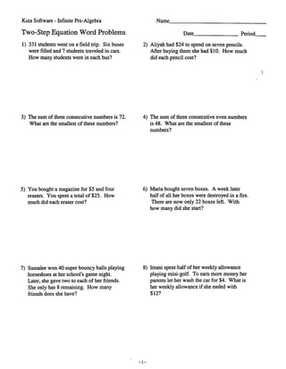 Two step equations word problems (no key) | PDF