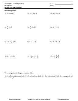 Worksheet: Solving Two-Step Equations | Pre-Algebra Printable