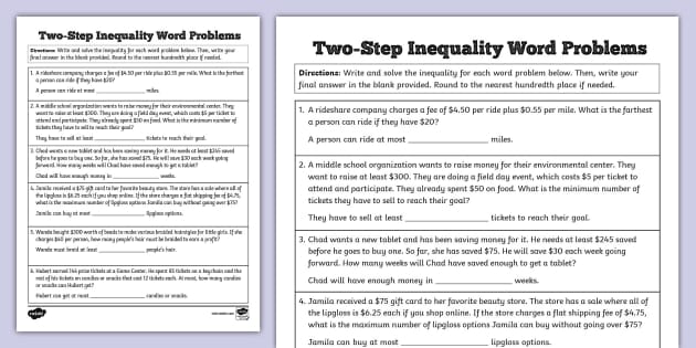 two step inequalities word problems worksheet