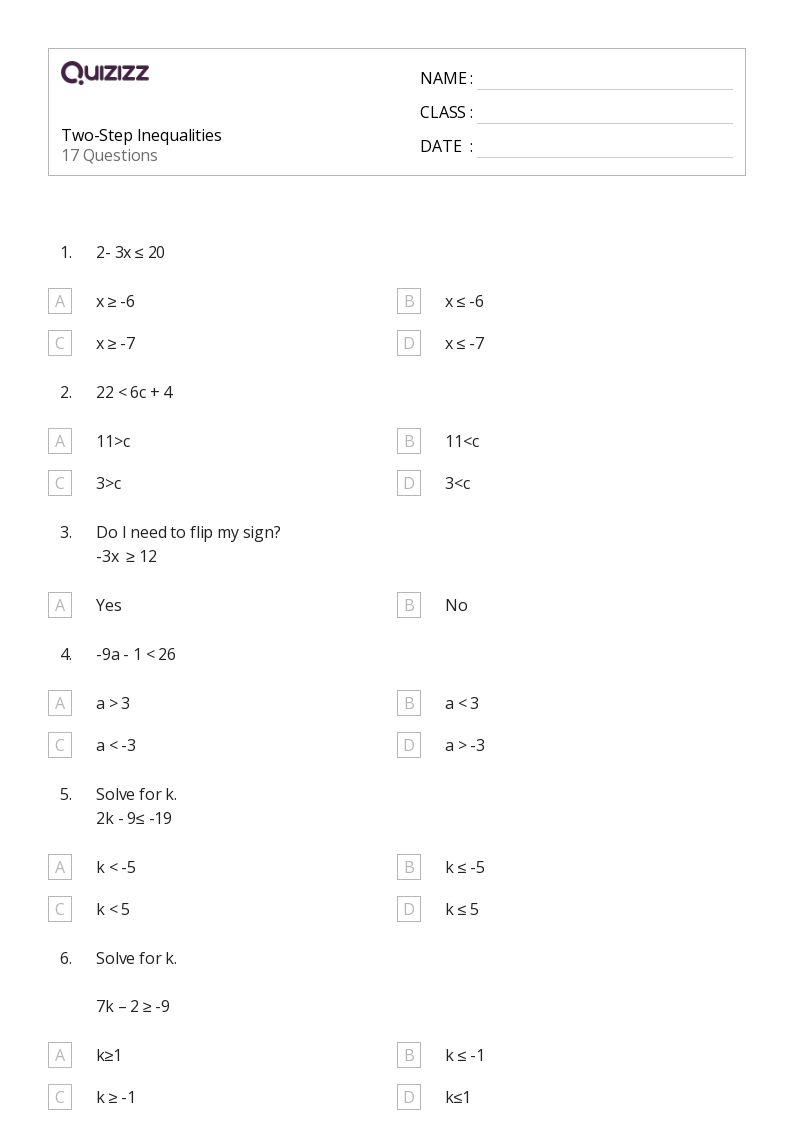 50+ Two-Step Inequalities worksheets for 7th Year on Quizizz ...