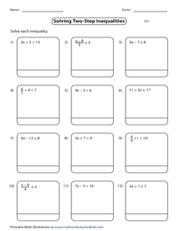 Two Step Inequalities Worksheets