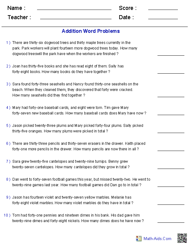 Word Problems Worksheets | Dynamically Created Word Problems