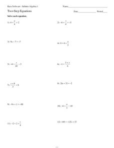 Two-Step Equations Worksheet for 7th - 9th Grade | Lesson Planet