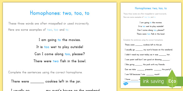 To, too, two worksheet  
