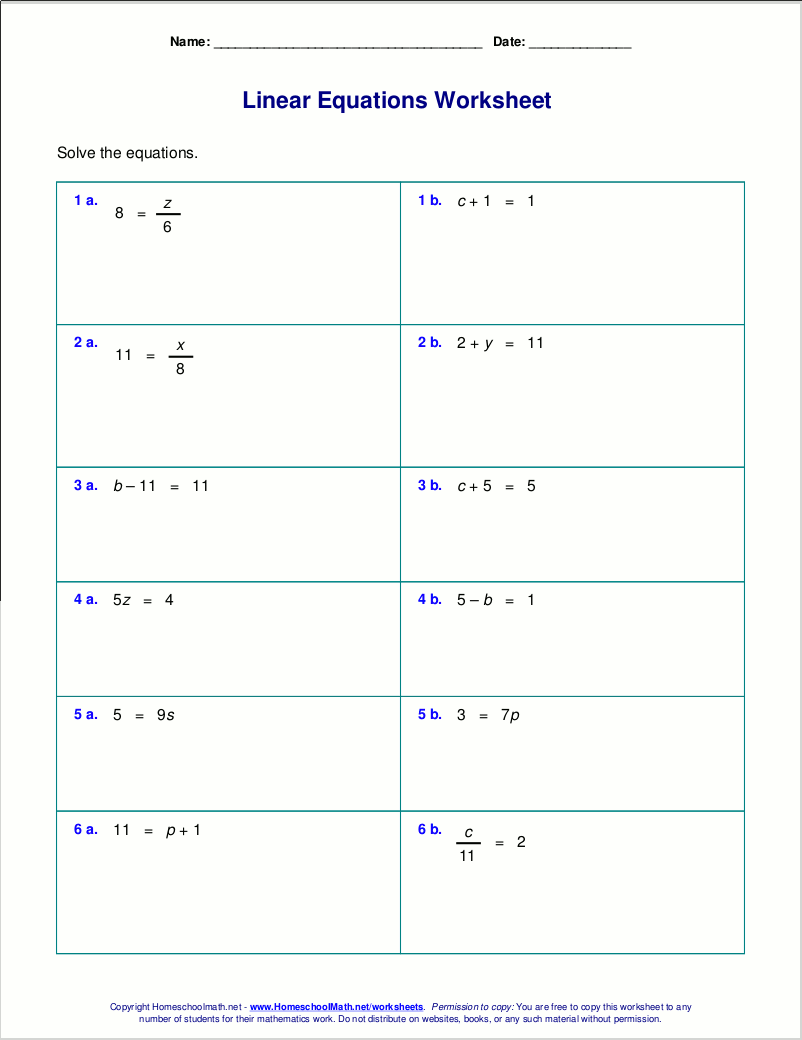 Free worksheets for linear equations (grades 6-9, pre-algebra ...