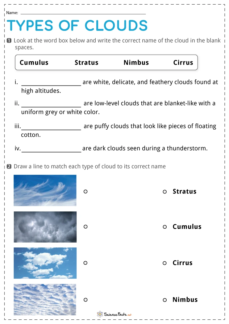 type of clouds worksheet