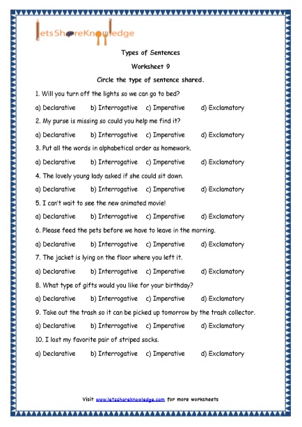 type of sentences worksheet