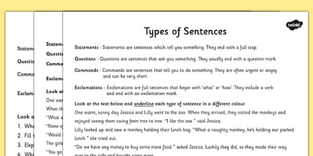 Types of Sentences Differentiated Activity Worksheet - ESL ...