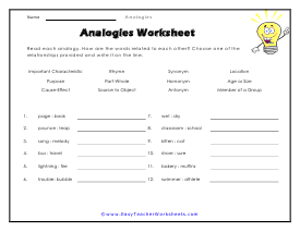 types of analogies worksheet
