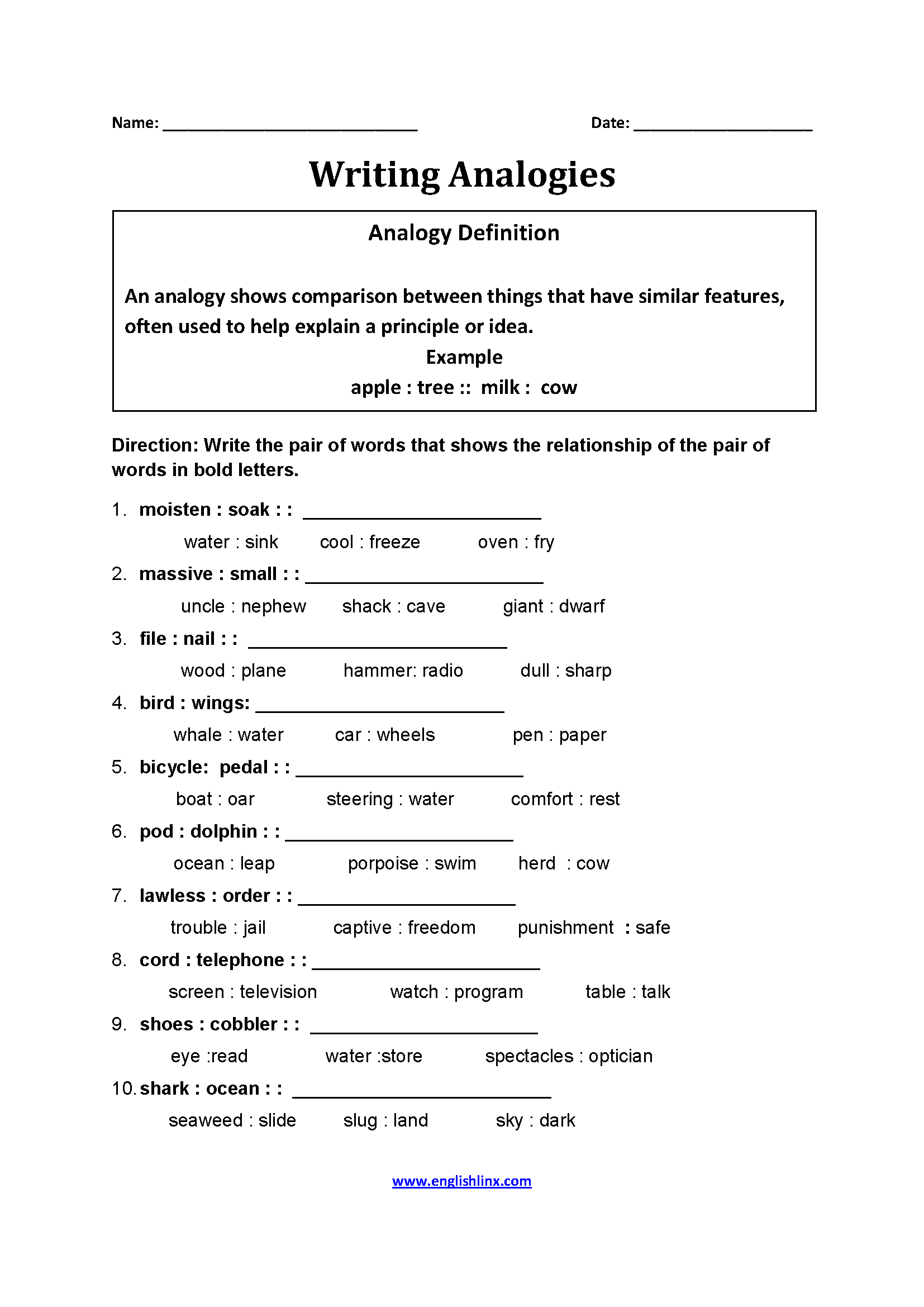 types of analogies worksheet