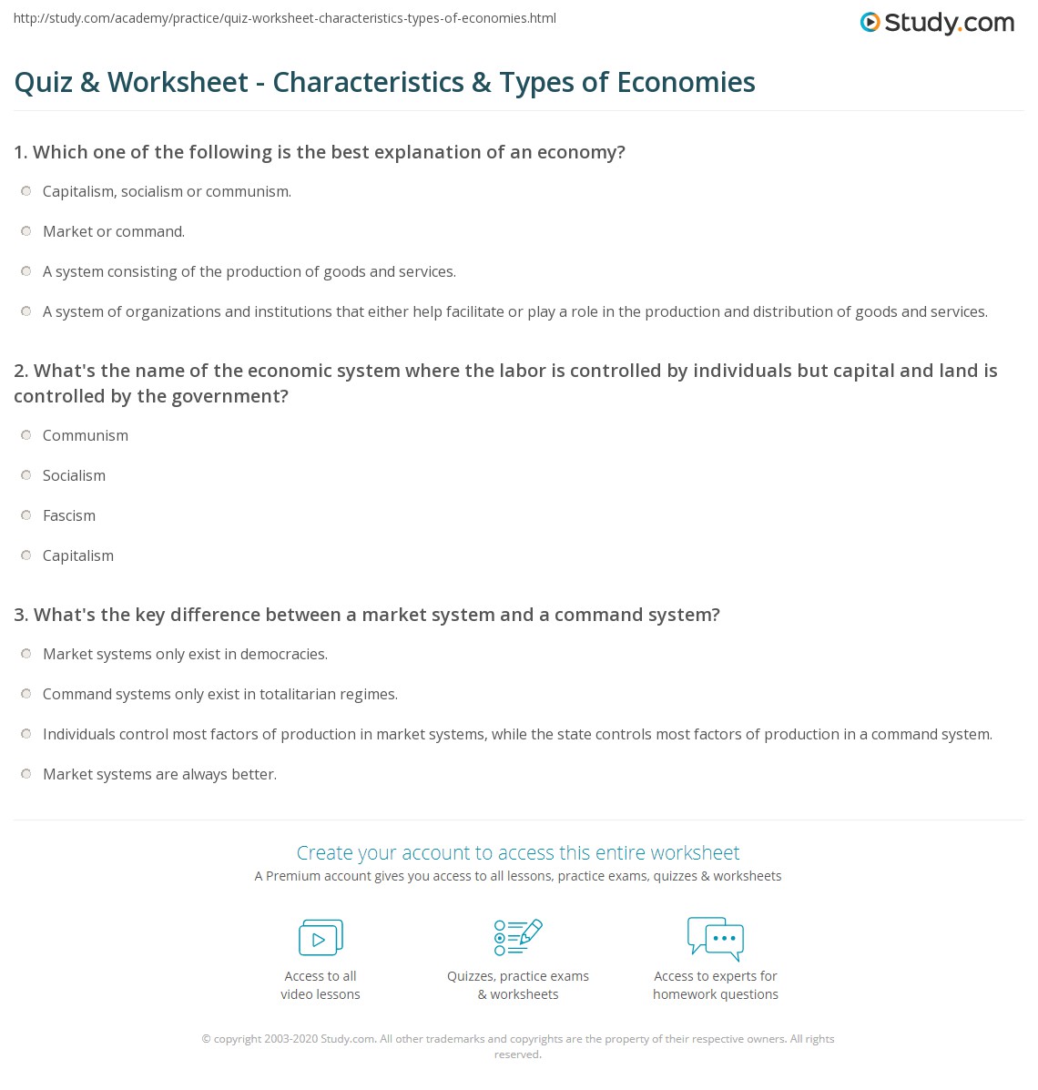 types of economies worksheet