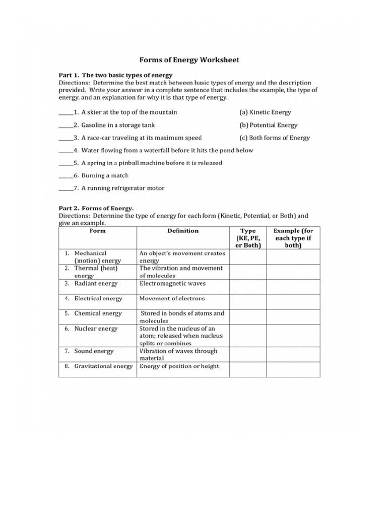 Forms Of Energy Worksheet PDF Worksheets Library