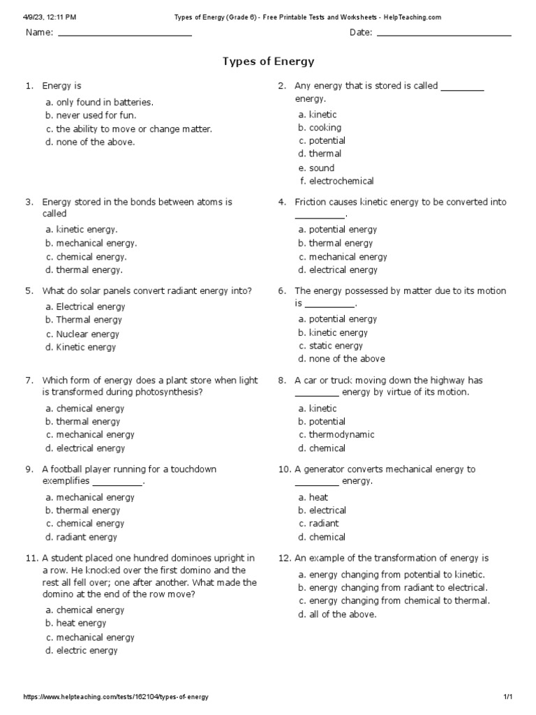 Forms Of Energy Worksheet PDF Worksheets Library