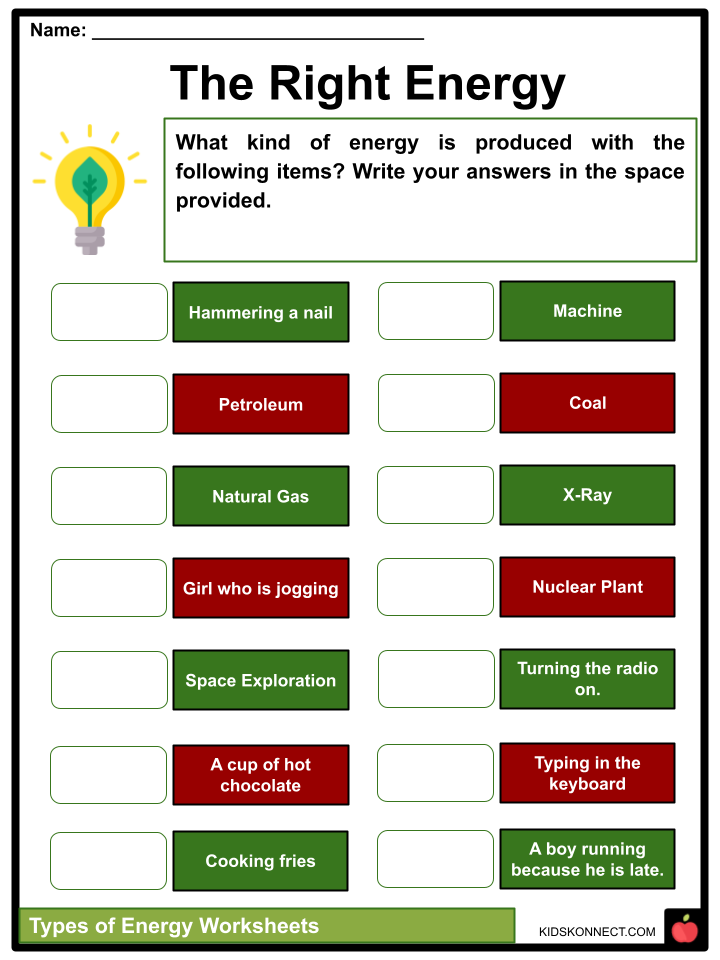 types of energy worksheet