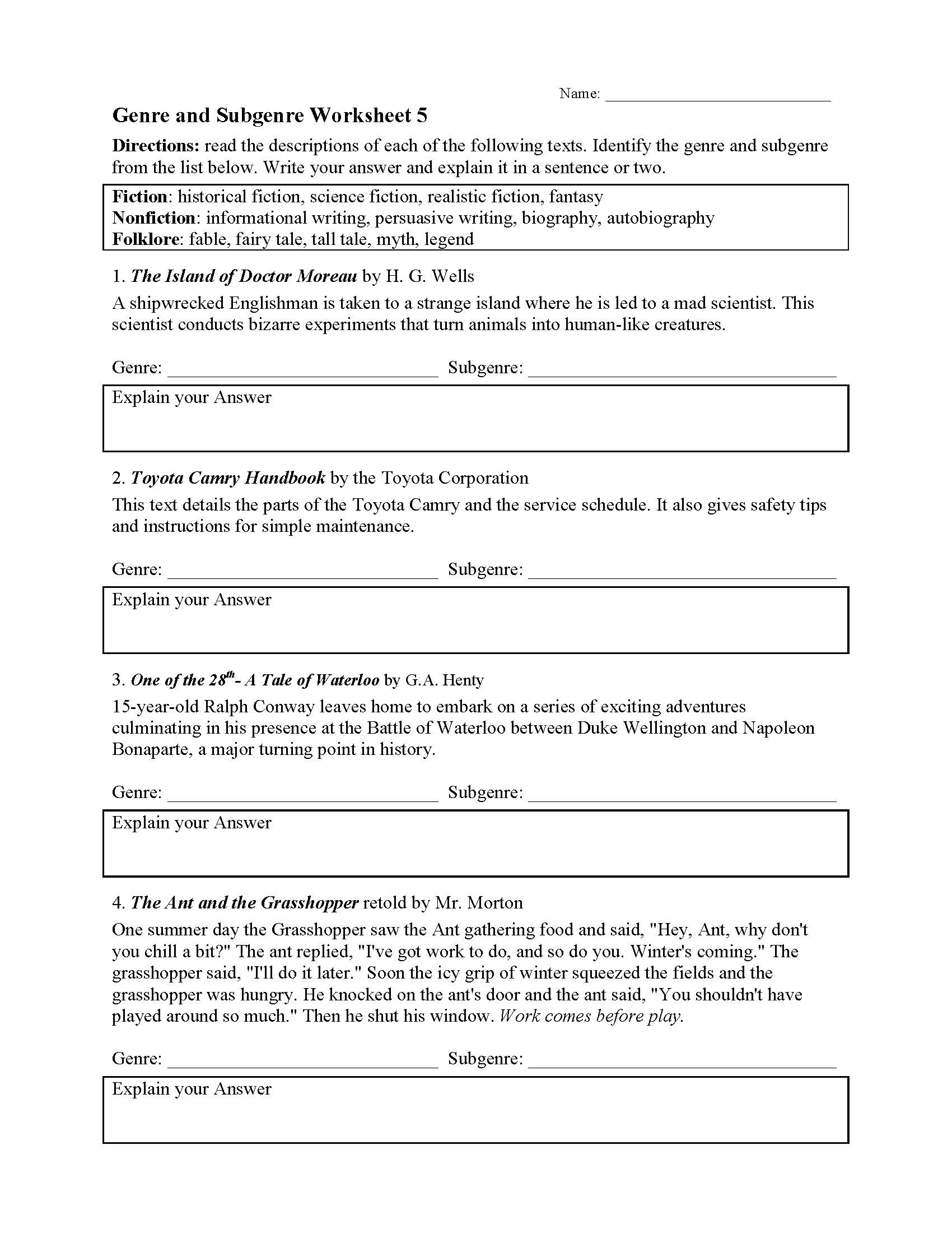 types of literature worksheet
