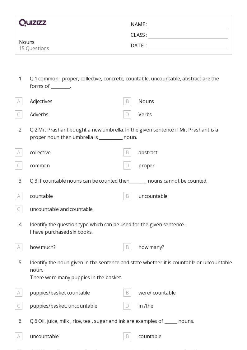 types of nouns worksheet