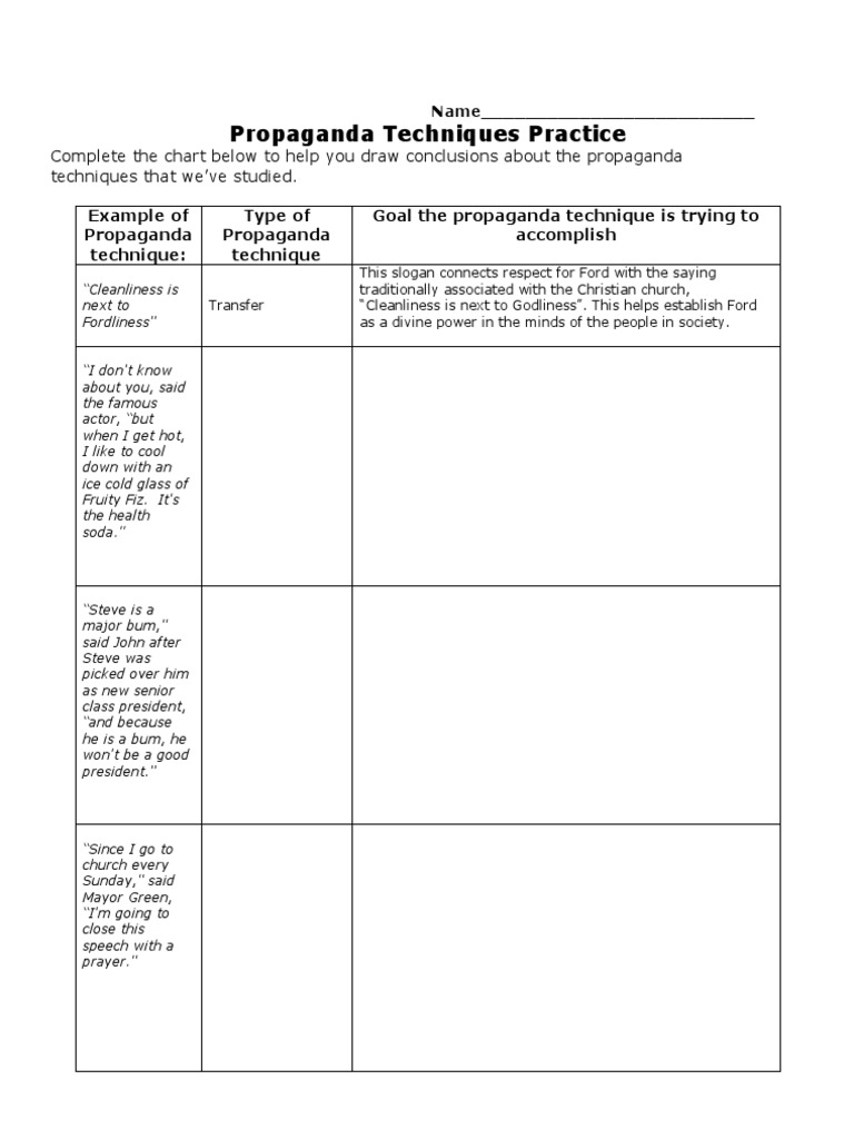types of propaganda worksheet